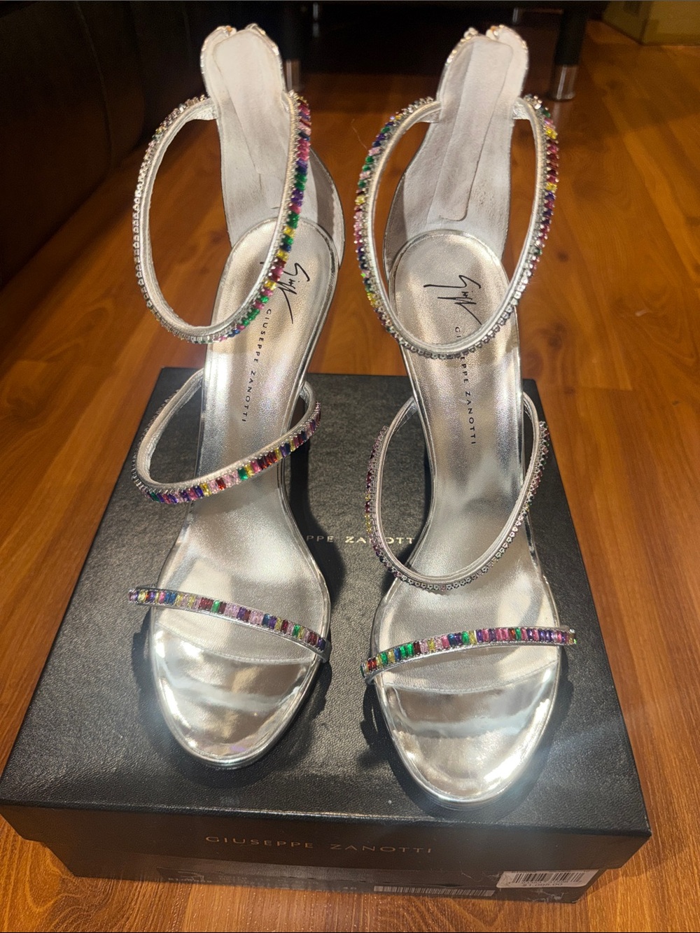 Giuseppe Zanotti Silver Strappy Heels with Rainbow Crystal Trim